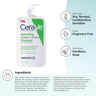 CeraVe Hydrating Cream-to-Foam Cleanser 562ml – Face & Eye Makeup Remover with Hyaluronic Acid & Ceramides for Normal to Dry Skin